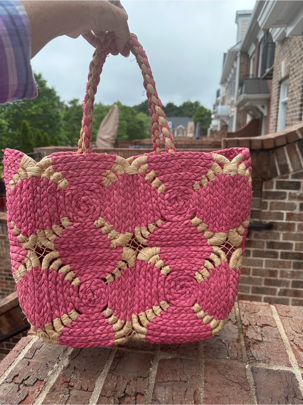 Braided Pink & Natural Straw Tote Bag